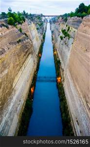View of Corinth Canal with bridge, Greece Aegean Sea. View of Corinth Canal with bridge, Greece