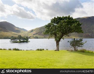 View of Crummock Water past trees and island in English Lake District
