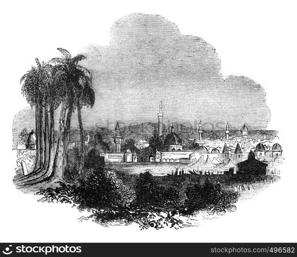 View of Damascus, Syria, vintage engraved illustration. Magasin Pittoresque 1841.