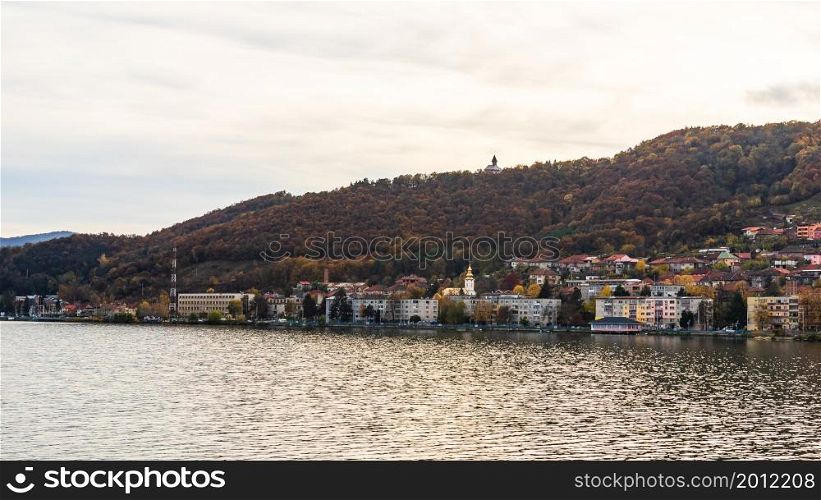 View of Danube river and Orsova city, waterfront view. Orsova, Romania, 2020