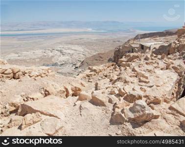 view of Dead Sea from fortress Masada, Israel