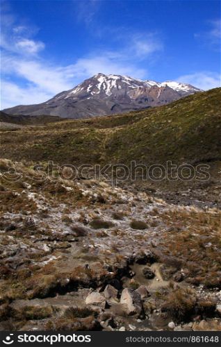 View of distant volcano with snow on top