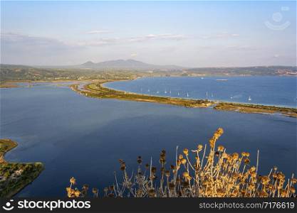 View of Divari Beach and the Divari lagoon in the Peloponnese region of Greece, from the Palaiokastro (old Navarino Castle).. View of Divari Beach and the Divari lagoon in the Peloponnese region of Greece, from the Palaiokastro