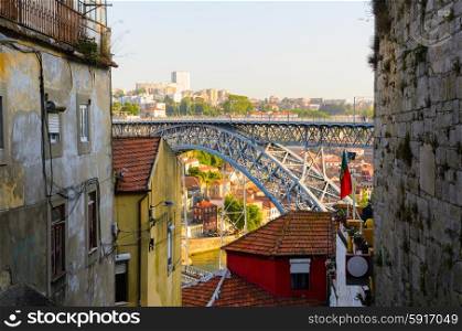 view of Dom Luis I bridge in Porto, Portugal