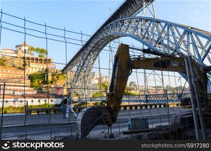 view of Dom Luis I bridge in Porto, Portugal
