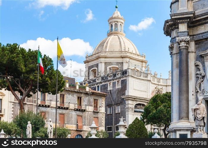 view of dome Saint Agatha Cathedral from Piazza del Duomo in Catania city, Sicily, Italy