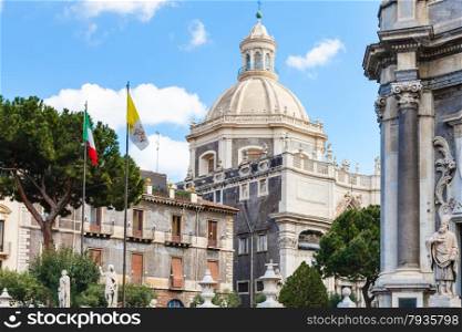 view of dome Saint Agatha Cathedral from Piazza del Duomo in Catania city, Sicily, Italy