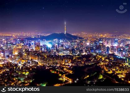 View of downtown cityscape and Seoul tower in Seoul, South Korea.