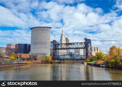 View of downtown Cleveland skyline in Ohio USA