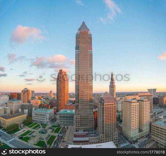 View of downtown Cleveland skyline in Ohio USA at twilight