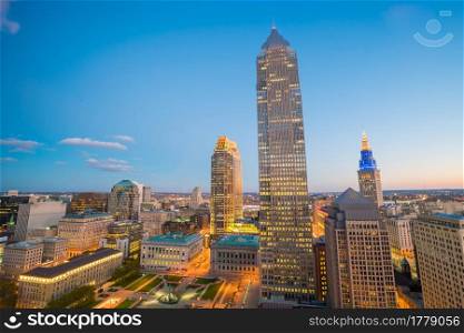 View of downtown Cleveland skyline in Ohio USA at twilight