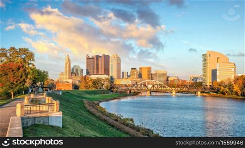 View of downtown Columbus Ohio Skyline at Sunset in USA