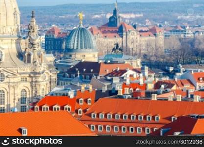 View of Dresden from the height of the observation platform of the church of the Holy Cross.. Dresden. View from above.