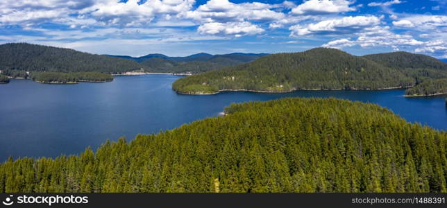 View of drone to the mountain lake. Rodopi mountain Bulgaria