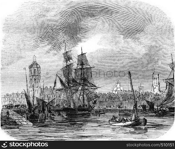 View of Dunkirk, North department, vintage engraved illustration. Magasin Pittoresque 1843.