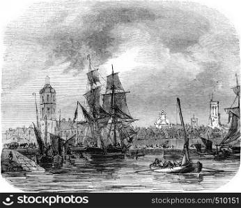 View of Dunkirk, North department, vintage engraved illustration. Magasin Pittoresque 1843.