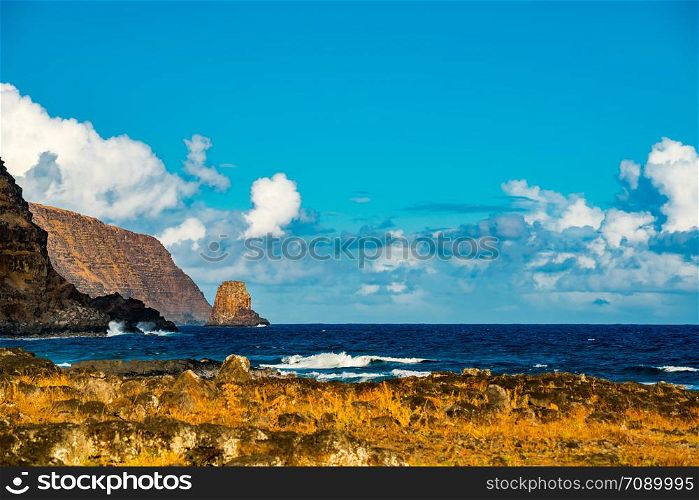 View of Easter Island and South Pacific Ocean in Chile in sunny day