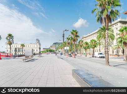 View of embankment of Barcelona at summer day, Barcelona, Catalonia Spain. Embankment of Barcelona