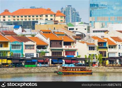 View of famous Boat Quay - historical city part of Singapore