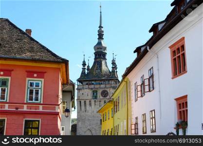 View of famous Clock Tower of Sighisoara.Romania
