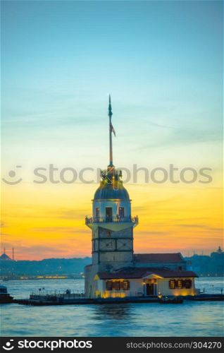 View of famous Maiden Tower,a medieval building and lighthouse and bosphorus,Istanbul,Turkey. View of famous Maiden Tower,a medieval building
