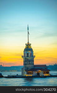 View of famous Maiden Tower,a medieval building and lighthouse and bosphorus,Istanbul,Turkey. View of famous Maiden Tower,a medieval building