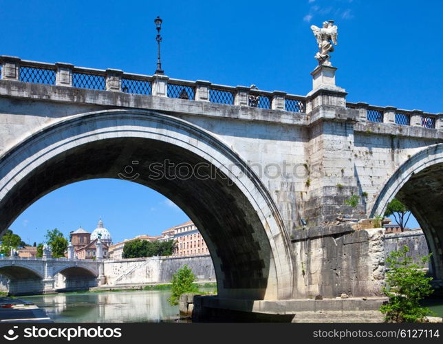 View of famous Sant&rsquo; Angelo Bridge. River Tiber.