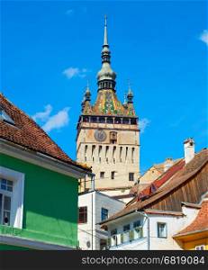 View of famous Sighisoara Clock Tower. Romania