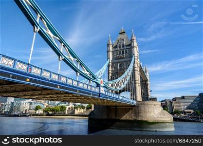 view of famous Tower Bridge over the River Thames, London, UK, England