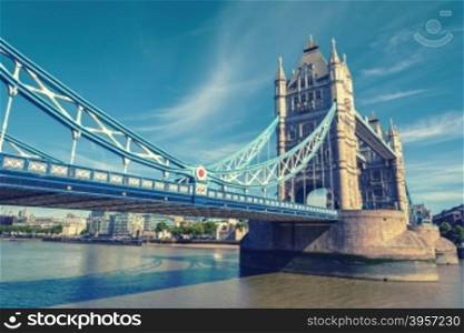 view of famous Tower Bridge over the River Thames, London, UK, England, vintage effect style
