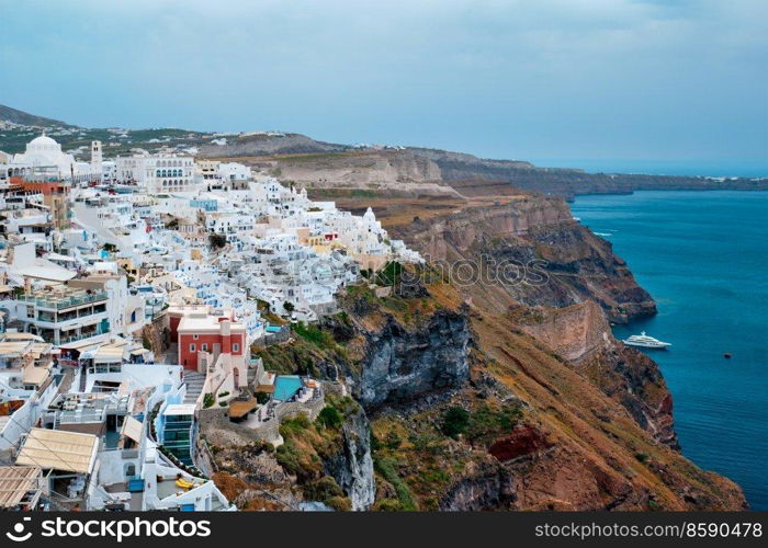 View of Fira Greek town with traditional white houses on Santorini island. Santorini, Greece. View of Fira Greek town with traditional white houses on Santorini island