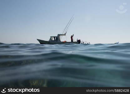 View of fishing boat at sea, Ixtapa, Zihuatanejo, Guerrero, Mexico