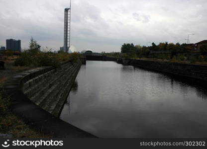 View of flooded dry dock in Glasgow