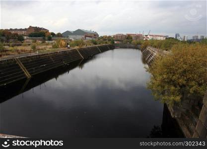 View of flooded dry dock in Glasgow