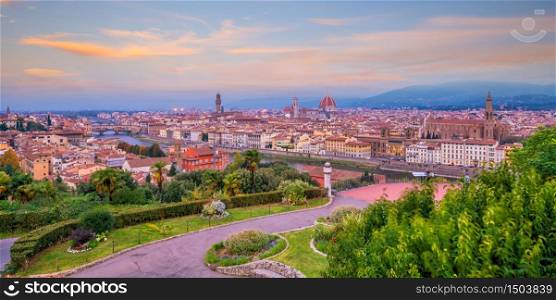 View of Florence city skyline from top view at sunset in Italy