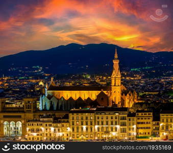 View of Florence cityscape and mountains in early morning. Basilica of Santa Croce