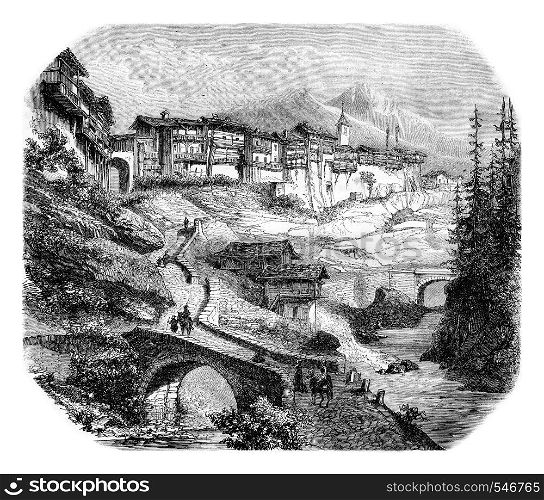 View of Flumet, Savoie, vintage engraved illustration. Magasin Pittoresque 1861.
