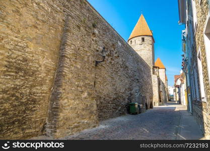 View of fortress towers in old town of Tallinn in a beautiful summer day, Estonia