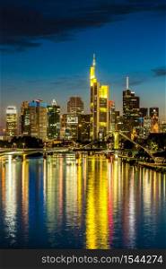 View of Frankfurt am Main skyline at sunset in Germany