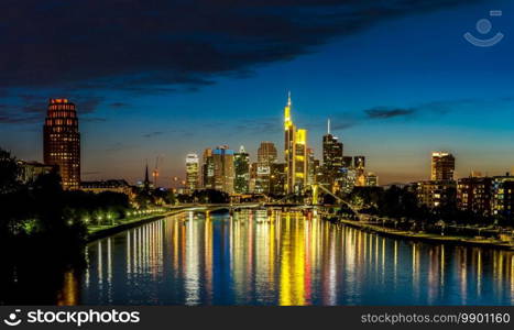 View of Frankfurt am Main skyline at sunset in Germany