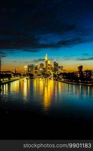 View of Frankfurt am Main skyline at sunset in Germany