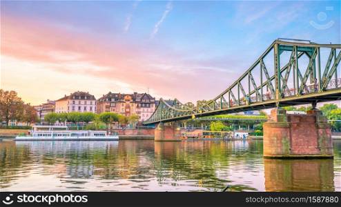 View of Frankfurt city skyline in Germany at sunset