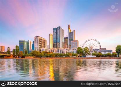 View of Frankfurt city skyline in Germany at sunset