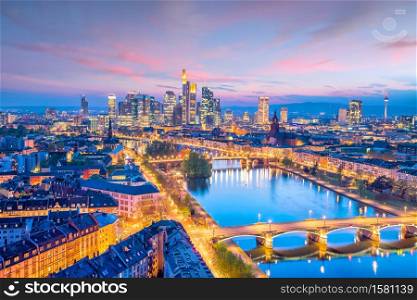View of Frankfurt city skyline in Germany at twilight from top view