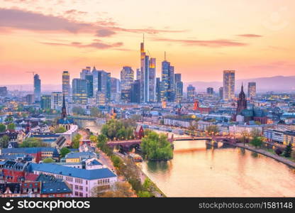 View of Frankfurt city skyline in Germany at twilight from top view