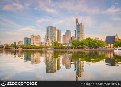 View of Frankfurt city skyline in Germany with blue sky