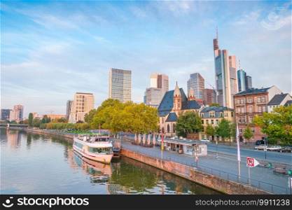 View of Frankfurt city skyline in Germany with blue sky