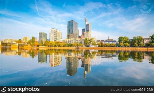 View of Frankfurt city skyline in Germany with blue sky