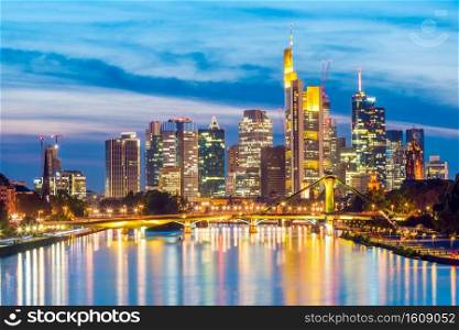 View of Frankfurt city skyline in Germany with sunset light