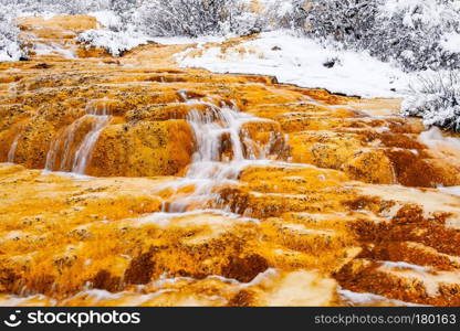 View of frozen waterfalls in winter at Huanglong Sichuan China